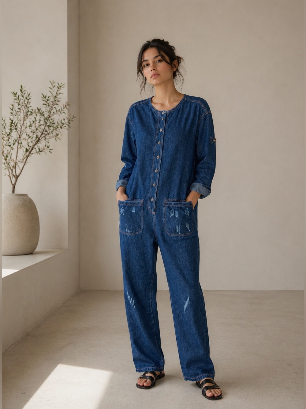 MONTHORIGIN Distressed Minimalist Utility Rolltab Denim Jumpsuit Size M